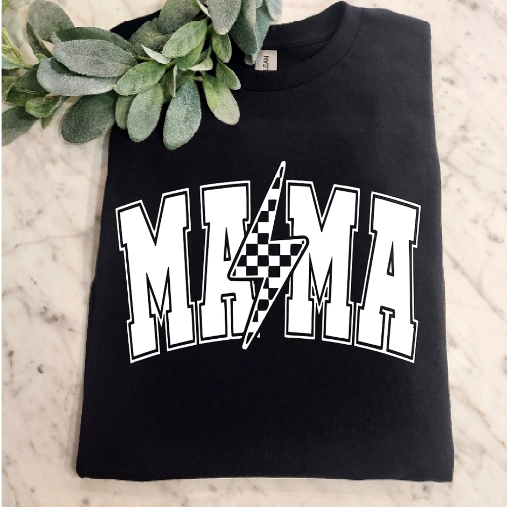 Mama shirt checkered lightening bolt cute popular mom retro style black